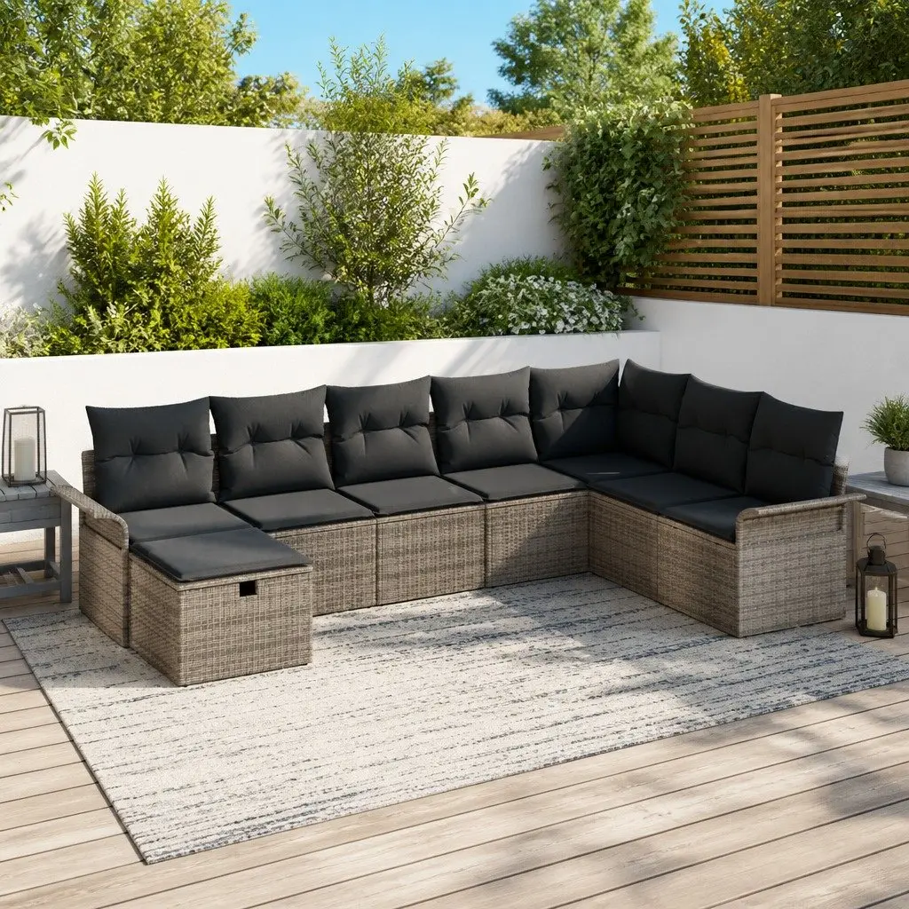 Garden Sofa Set Poly Rattan 8 Piece Grey Outdoor Seating with Cushions Modular