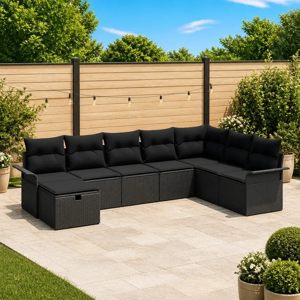 8-Piece Black Poly Rattan Garden Sofa Set with Cushions
