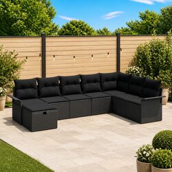 8-Piece Black Poly Rattan Garden Sofa Set with Cushions
