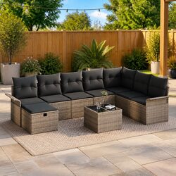 Durable 9 Piece Grey Poly Rattan Garden Sofa Set