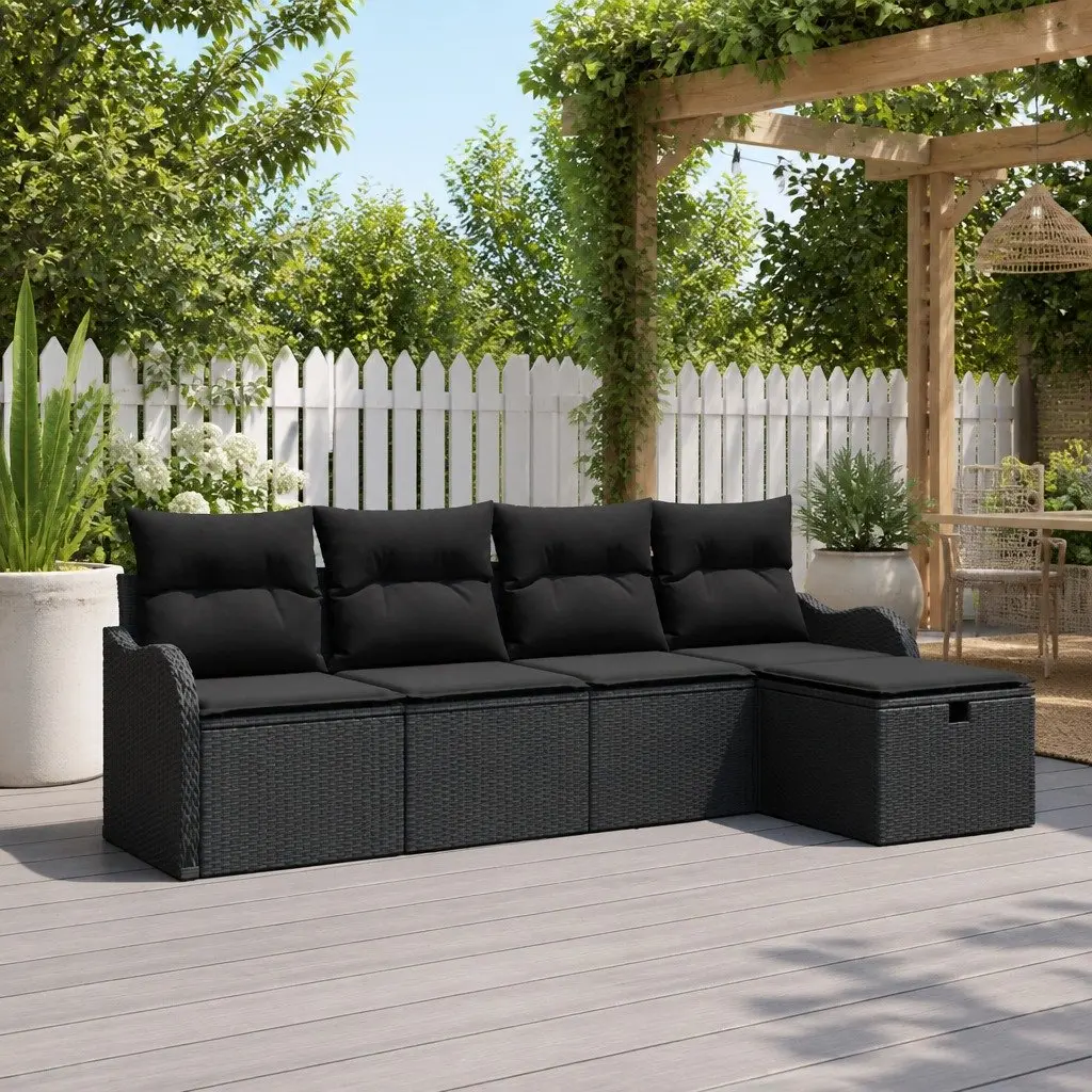Modular Garden Sofa Set Poly Rattan 5 Pieces Black Outdoor Seating with Cushions