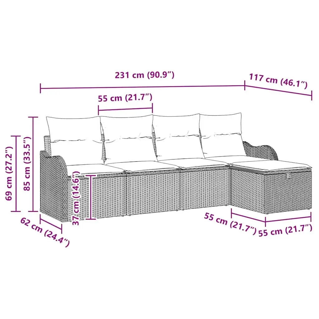 Modular Garden Sofa Set Poly Rattan 5 Pieces Black Outdoor Seating with Cushions