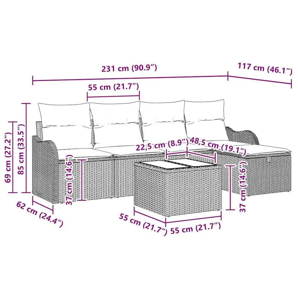 Modular 6-Piece Black Poly Rattan Garden Sofa Set