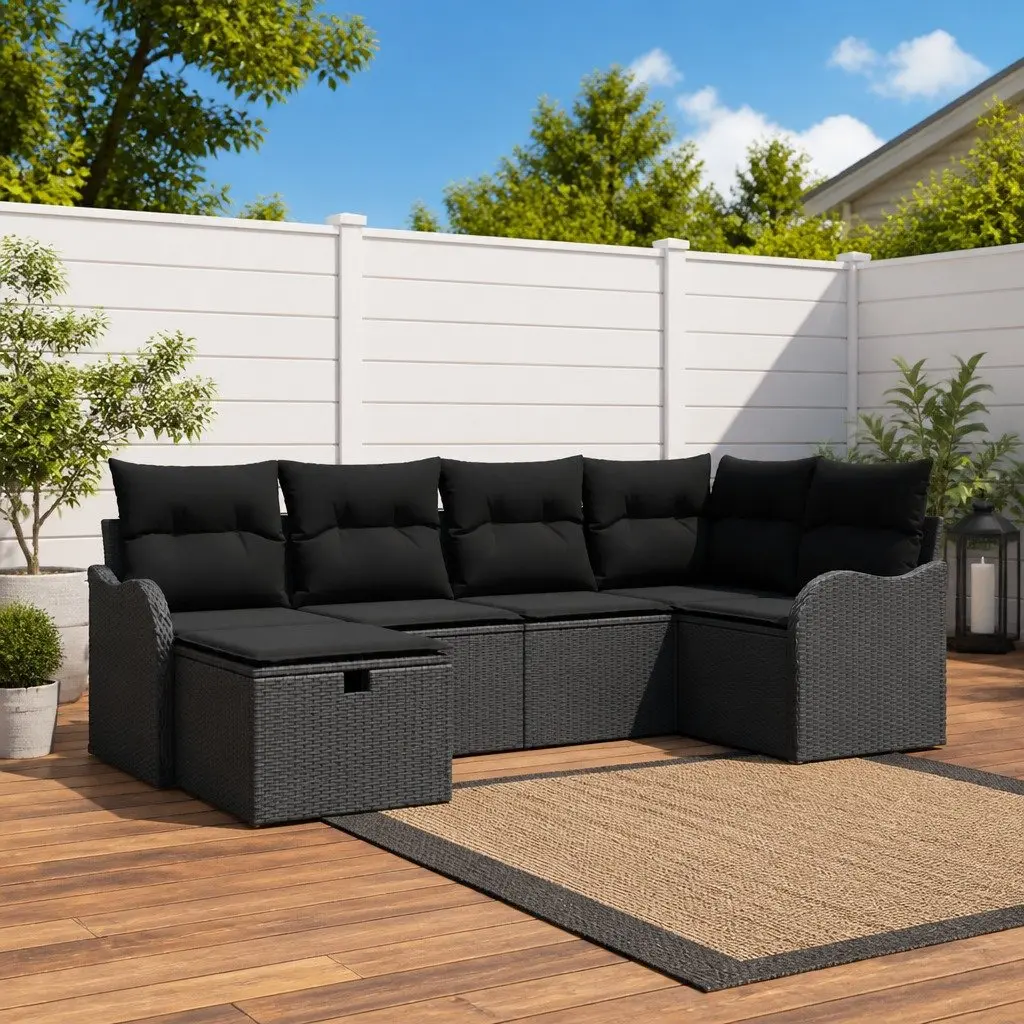 6-Piece Modular Black Poly Rattan Outdoor Sofa Set