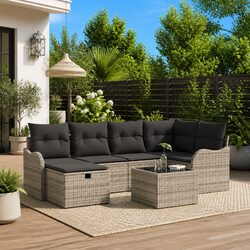 7-Piece Grey Poly Rattan Garden Sofa Set with Cushions