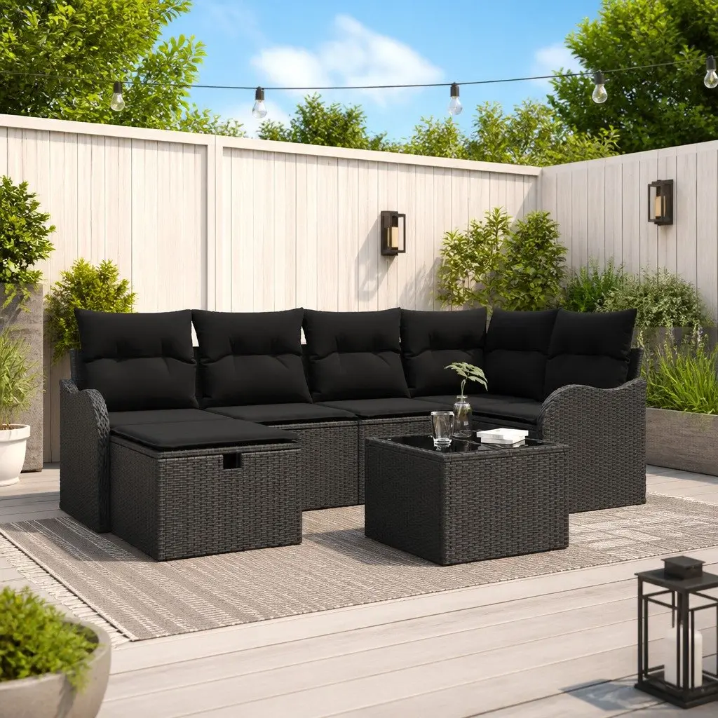 7-Piece Black Modular Poly Rattan Sofa Set
