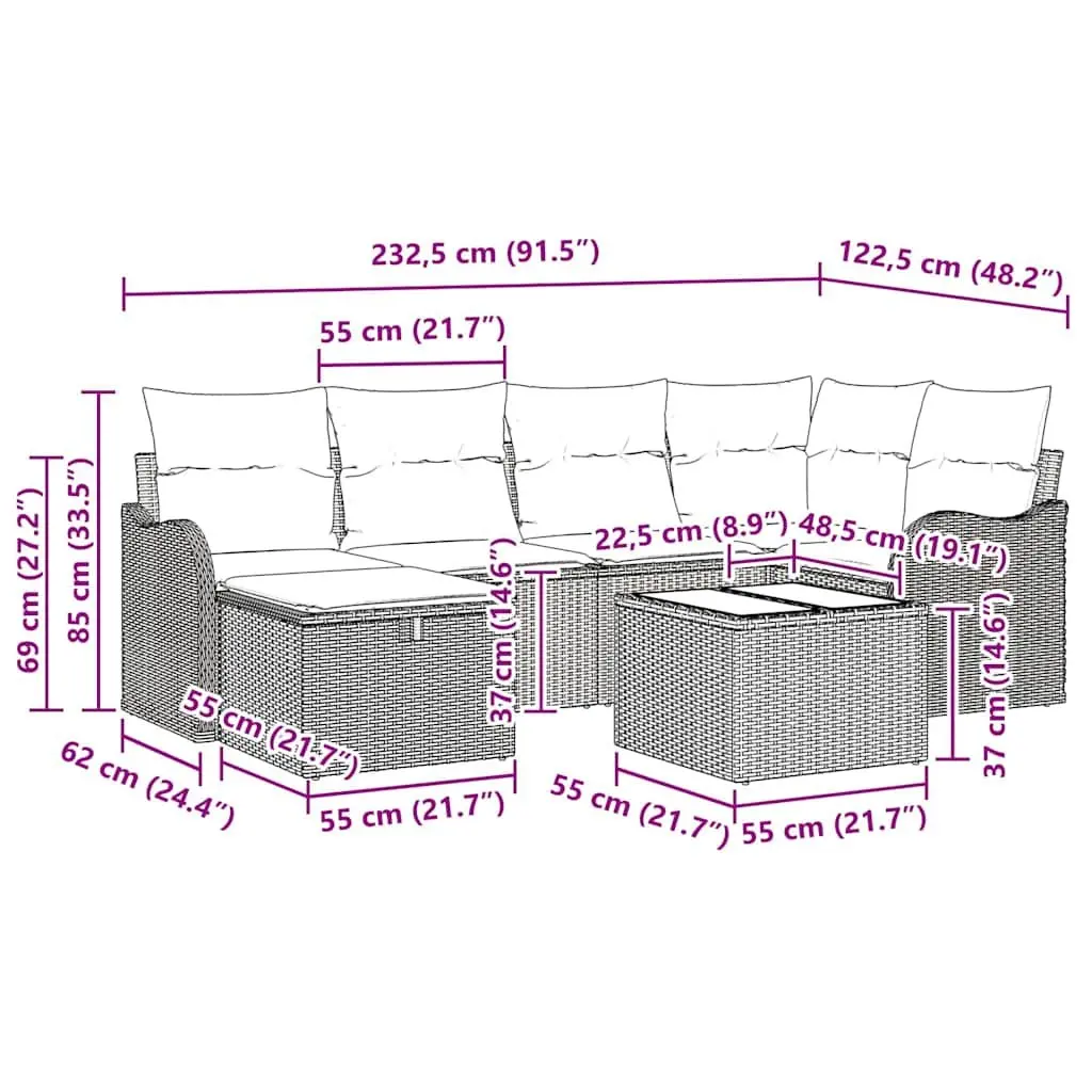 7-Piece Black Modular Poly Rattan Sofa Set