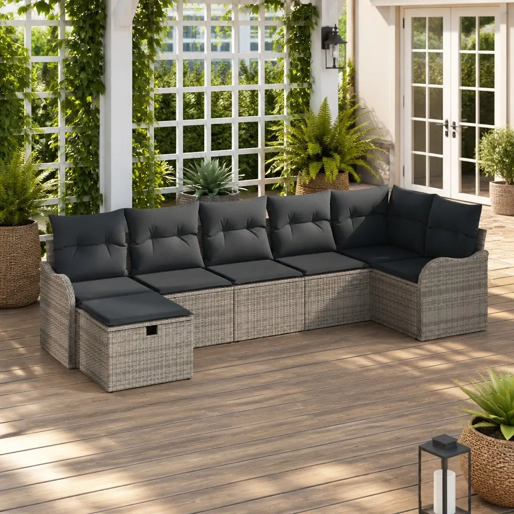 7-Piece Grey Poly Rattan Outdoor Sofa Set with Storage