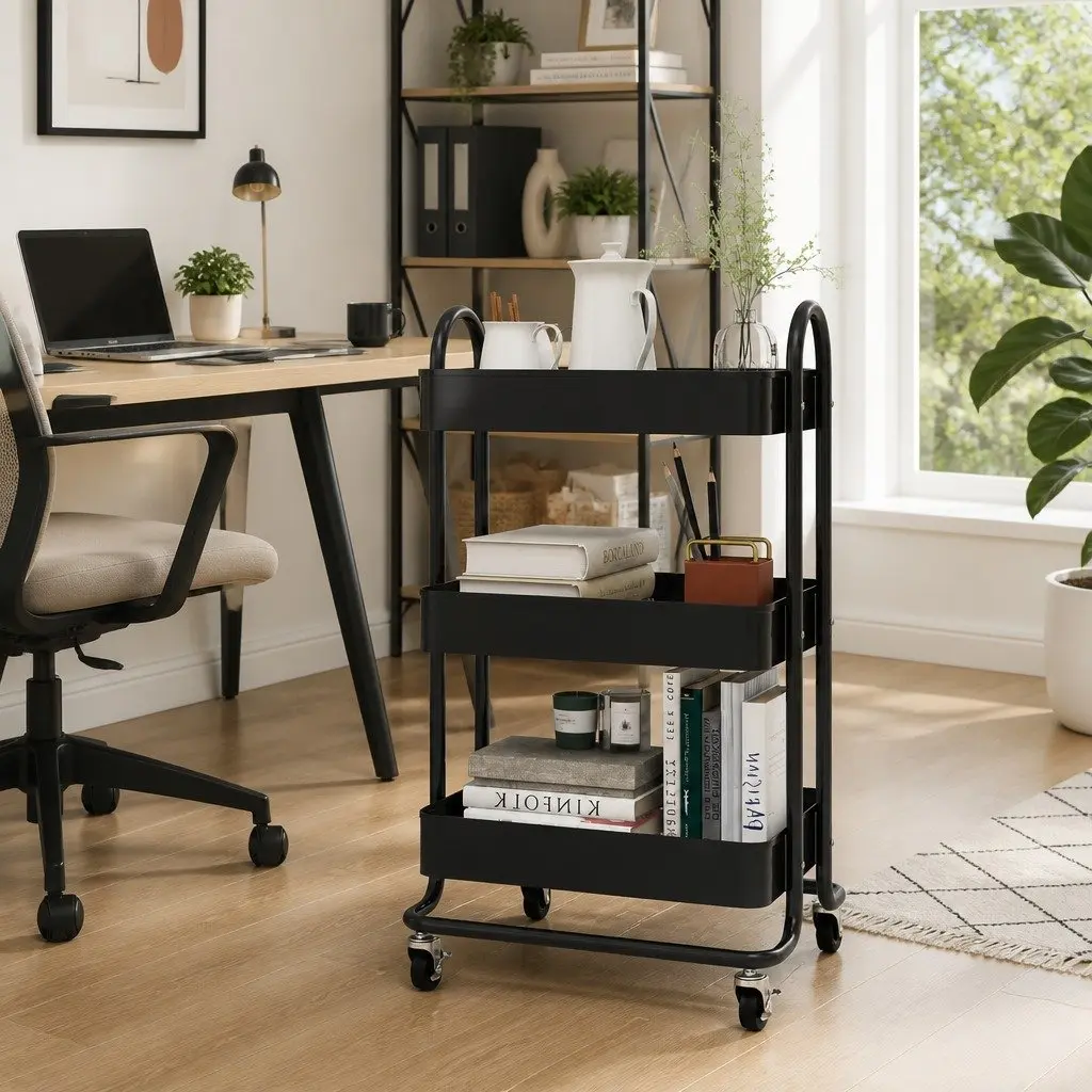 3-Tier Black Steel Trolley for Kitchen & Office