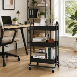 Sturdy 3-Tier Black Steel Trolley for Kitchen & Office