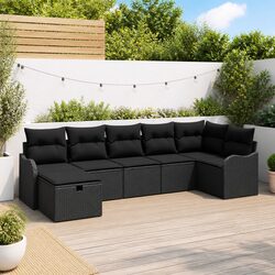 7-Piece Black Poly Rattan Outdoor Sofa Set with Cushions