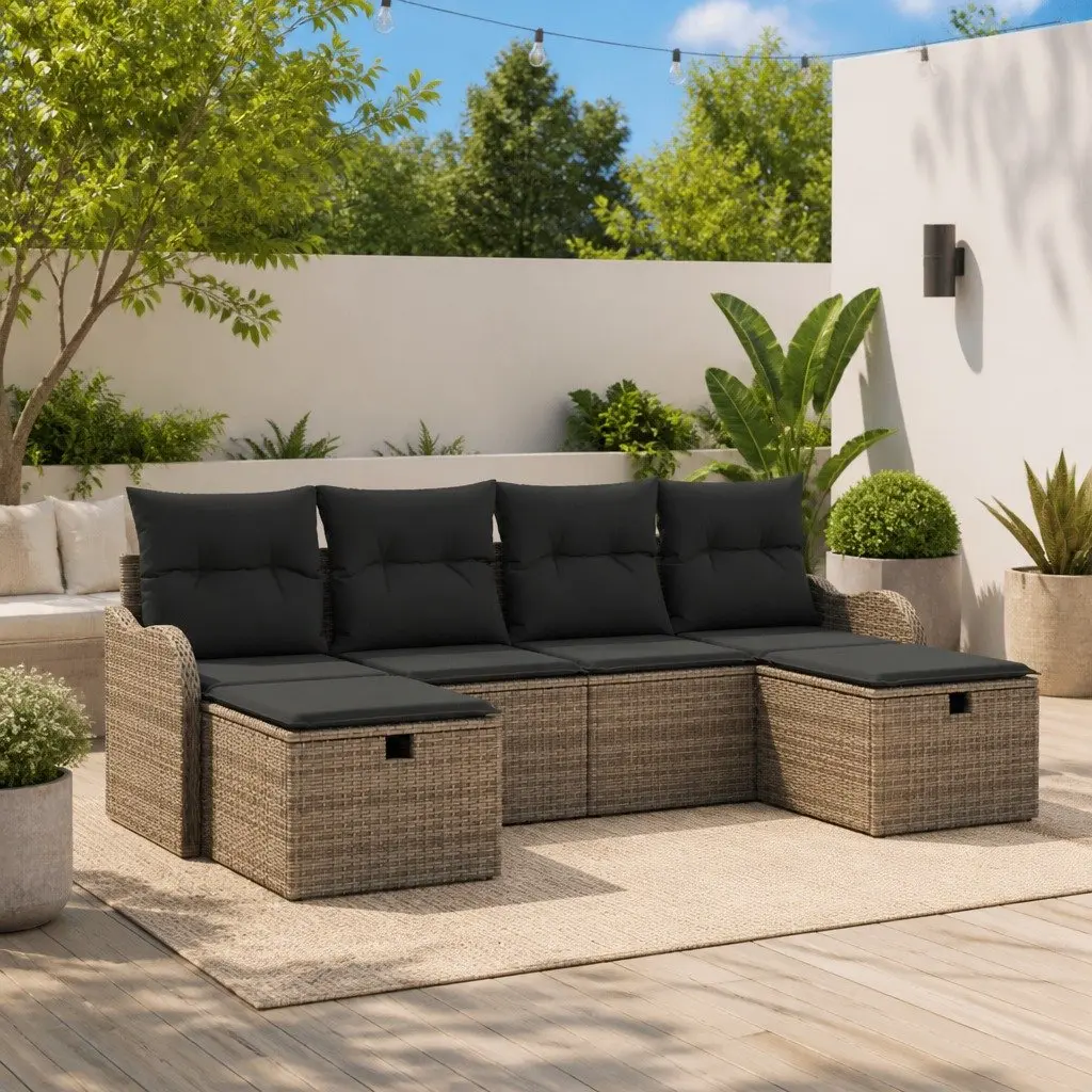 Outdoor Sofa Set Poly Rattan 6 Piece Modular Seating Grey