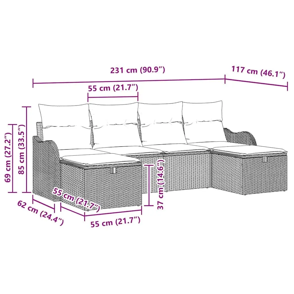 Outdoor Sofa Set Poly Rattan 6 Piece Modular Seating Grey