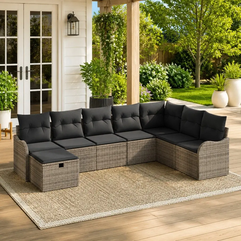 8-Piece Grey Poly Rattan Outdoor Sofa Set with Storage