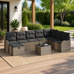 Grey Poly Rattan 9-Piece Outdoor Sofa Set with Storage