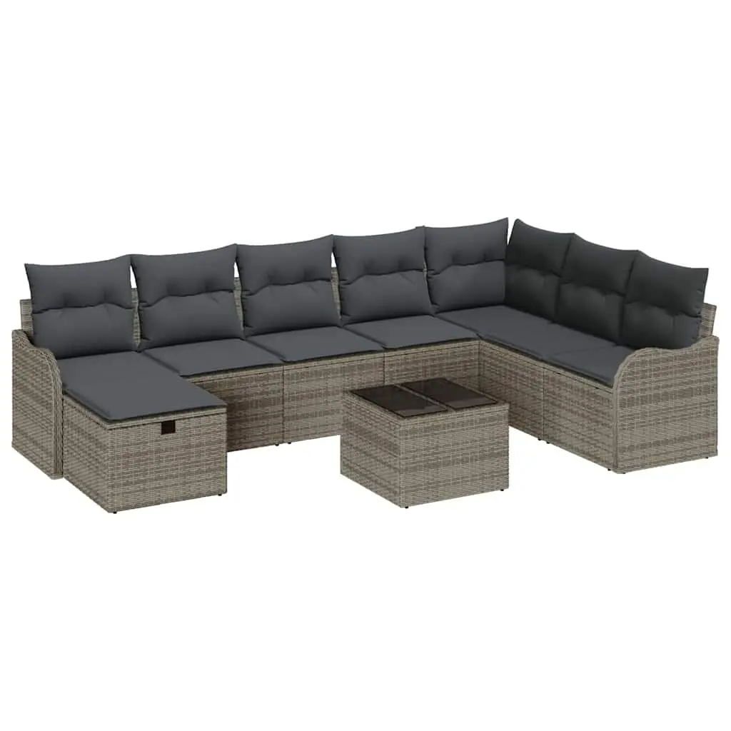 Grey Poly Rattan 9-Piece Outdoor Sofa Set with Storage