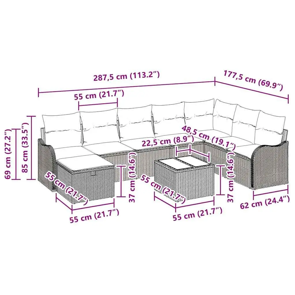 Grey Poly Rattan 9-Piece Outdoor Sofa Set with Storage