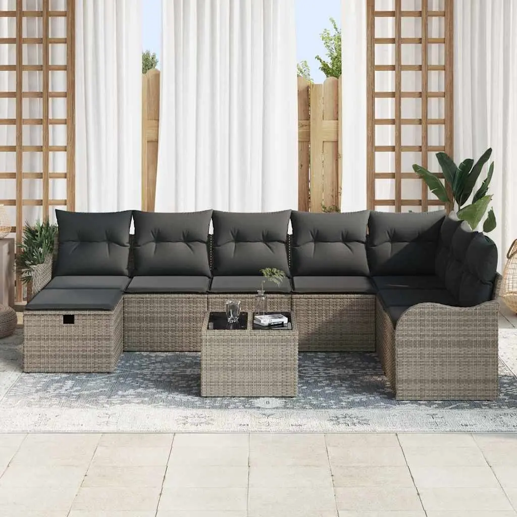 Grey Poly Rattan 9-Piece Outdoor Sofa Set with Storage