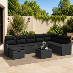 Premium Black Poly Rattan Outdoor Sofa Set with Storage