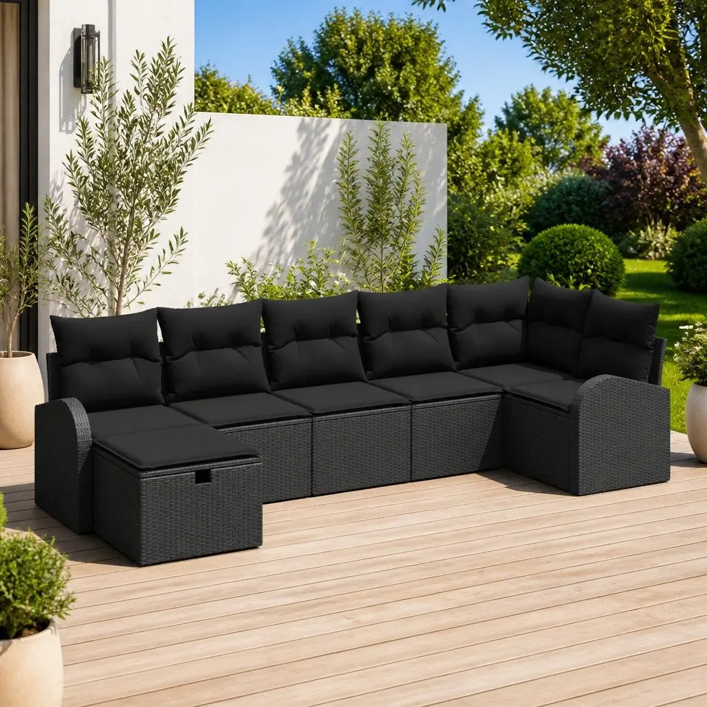 Outdoor Sofa Set Poly Rattan 7 Piece Black