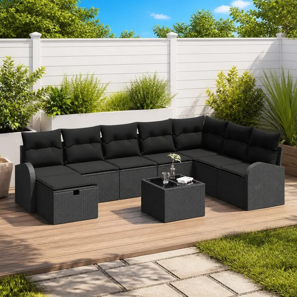 Black Poly Rattan Outdoor Sofa Set with Storage
