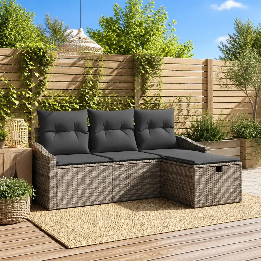 4-Piece Grey Poly Rattan Outdoor Sofa Set with Storage