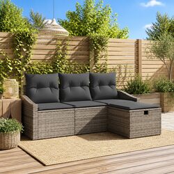 4-Piece Grey Poly Rattan Outdoor Sofa Set with Storage
