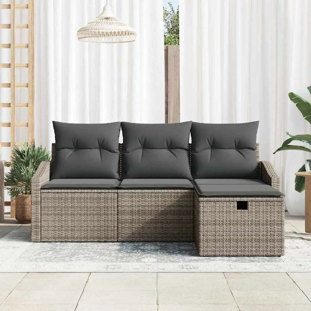 4-Piece Grey Poly Rattan Outdoor Sofa Set with Storage
