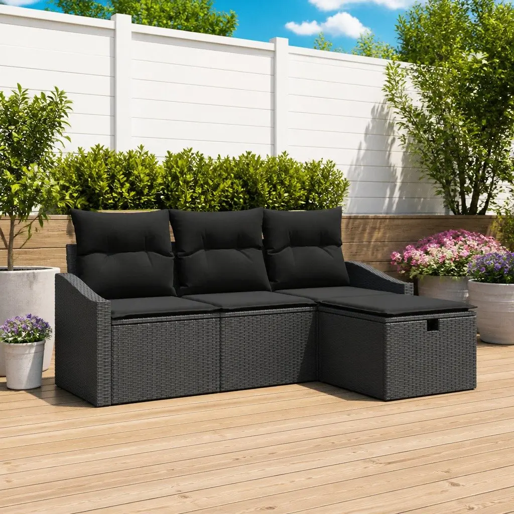Outdoor Sofa Set 4 Piece Garden Furniture Poly Rattan Black with Storage