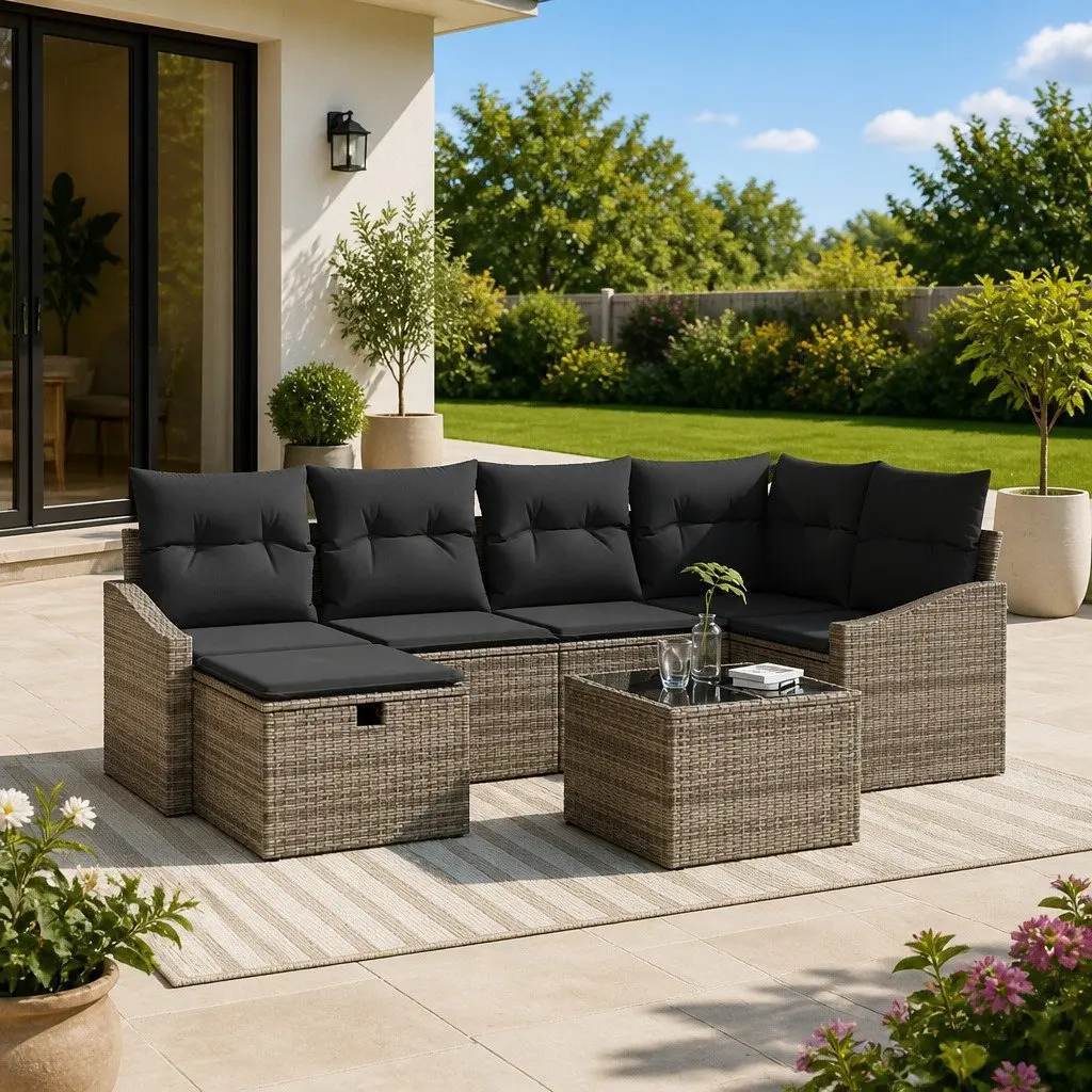 Grey Poly Rattan Modular Outdoor Sofa Set with Storage