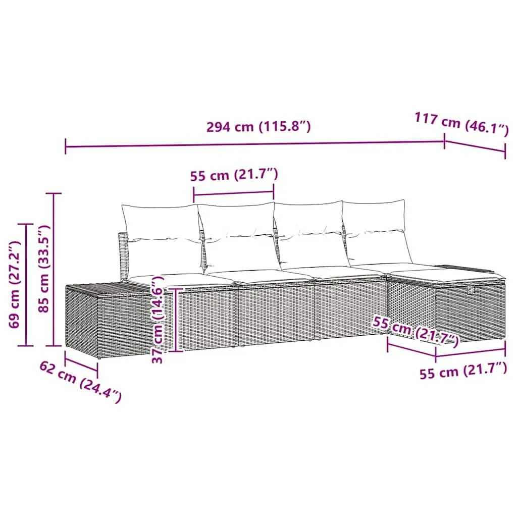Garden Sofa Set Poly Rattan 5 Piece Black Outdoor Furniture Modular Lounge with Cushions