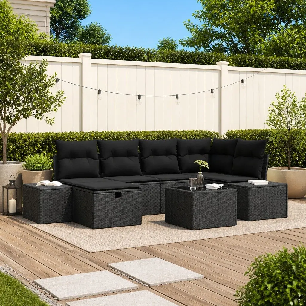 7-Piece Black Modular Garden Sofa Set with Cushions