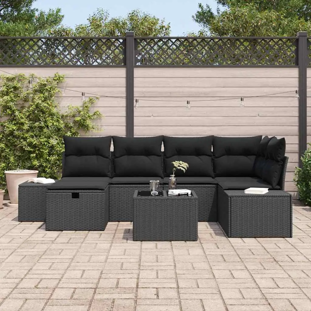 7-Piece Black Modular Garden Sofa Set with Cushions