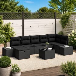 8-Piece Black Poly Rattan Garden Sofa Set with Cushions