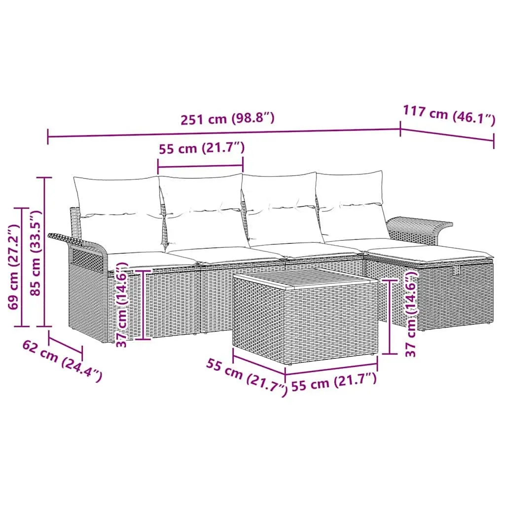 Outdoor Sofa Set Poly Rattan 6 Piece Grey