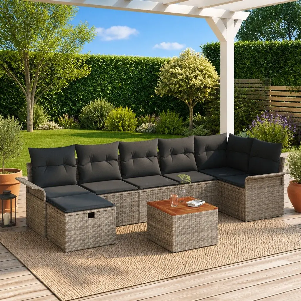 Garden Sofa Set Poly Rattan Acacia Wood 8 Piece Modular Grey with Cushions