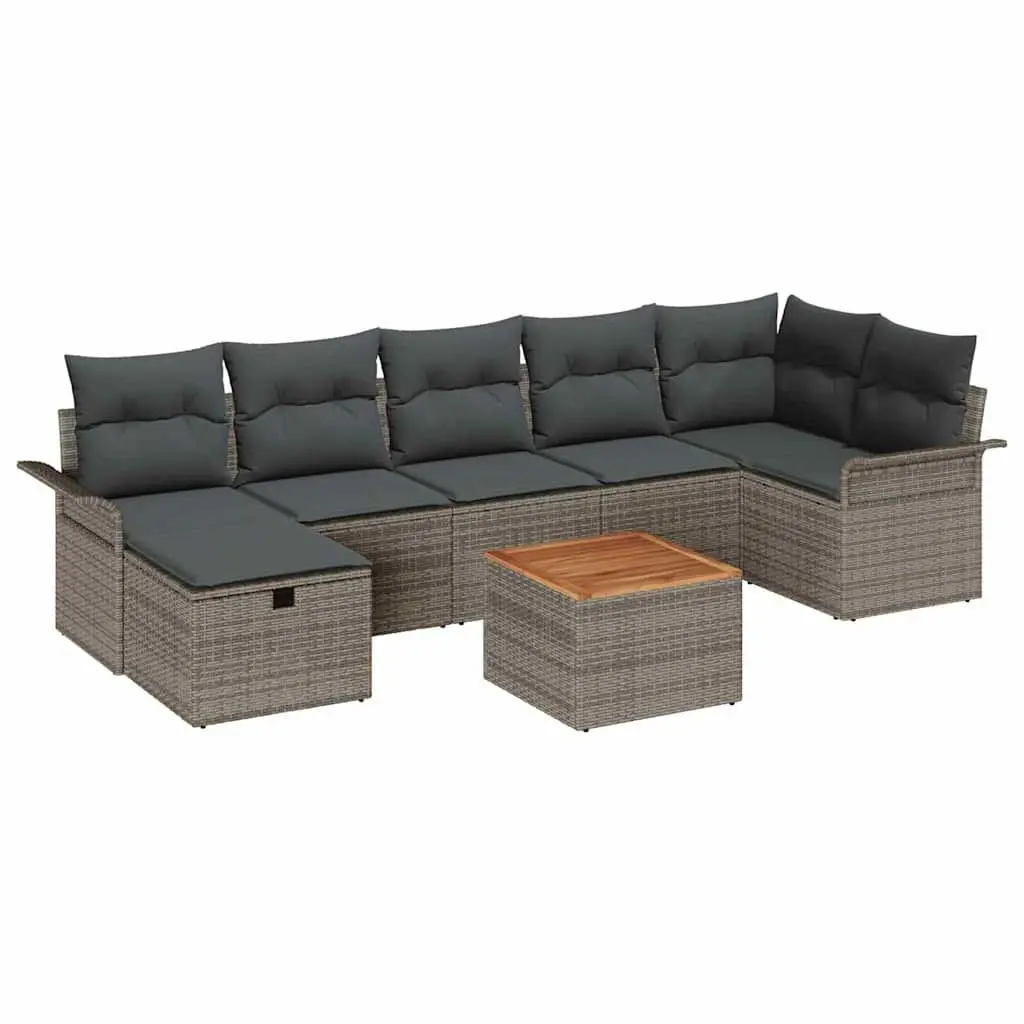 Garden Sofa Set Poly Rattan Acacia Wood 8 Piece Modular Grey with Cushions