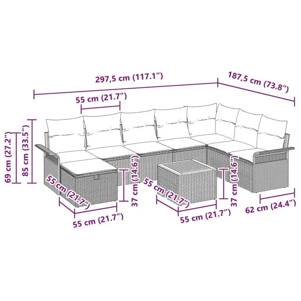 9 Piece Grey Modular Outdoor Garden Sofa Set