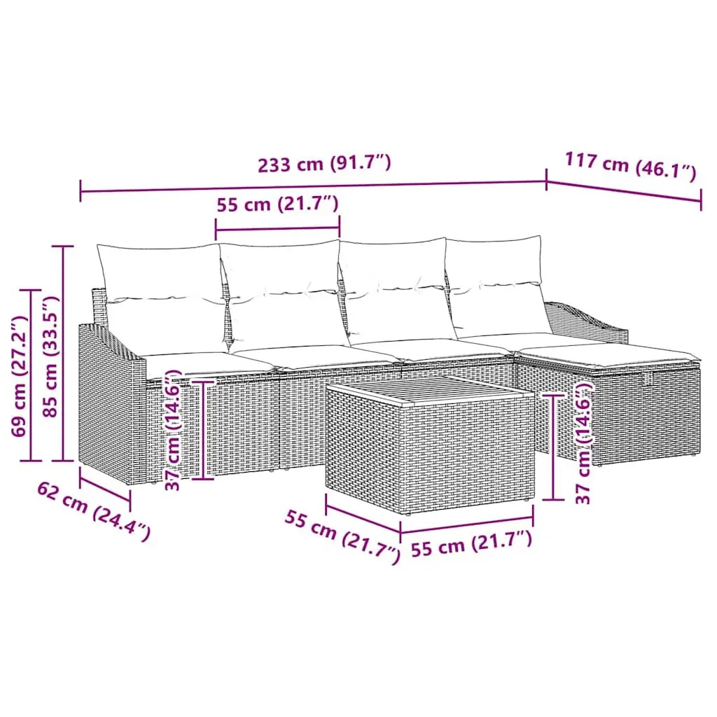 Garden Sofa Set Poly Rattan 6 Piece Grey
