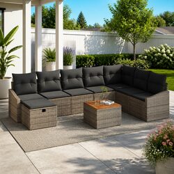 9-Piece Grey Poly Rattan Garden Sofa Set