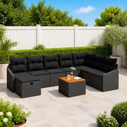 9-Piece Modular Black Poly Rattan Garden Sofa Set