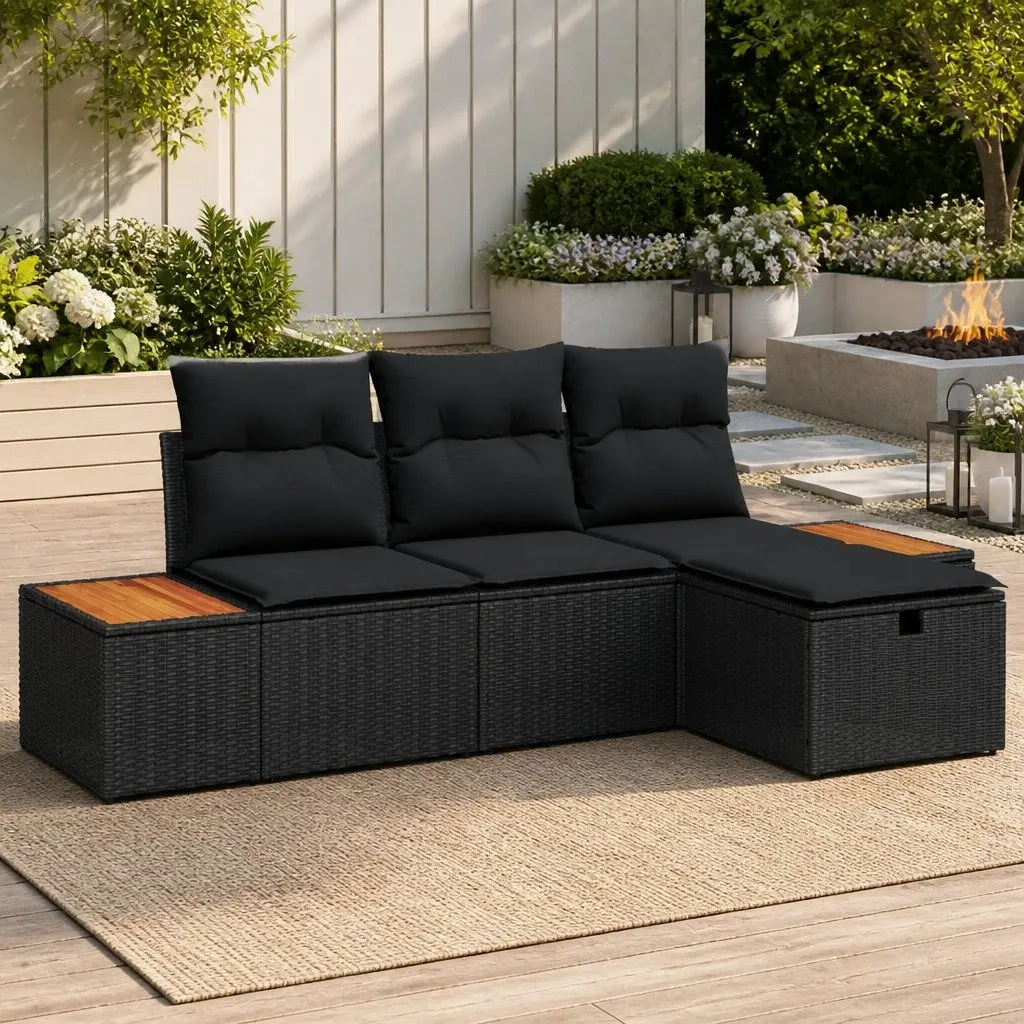 4 Piece Black Poly Rattan Sofa Set with Cushions