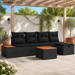 6-Piece Black Poly Rattan Modular Garden Sofa Set