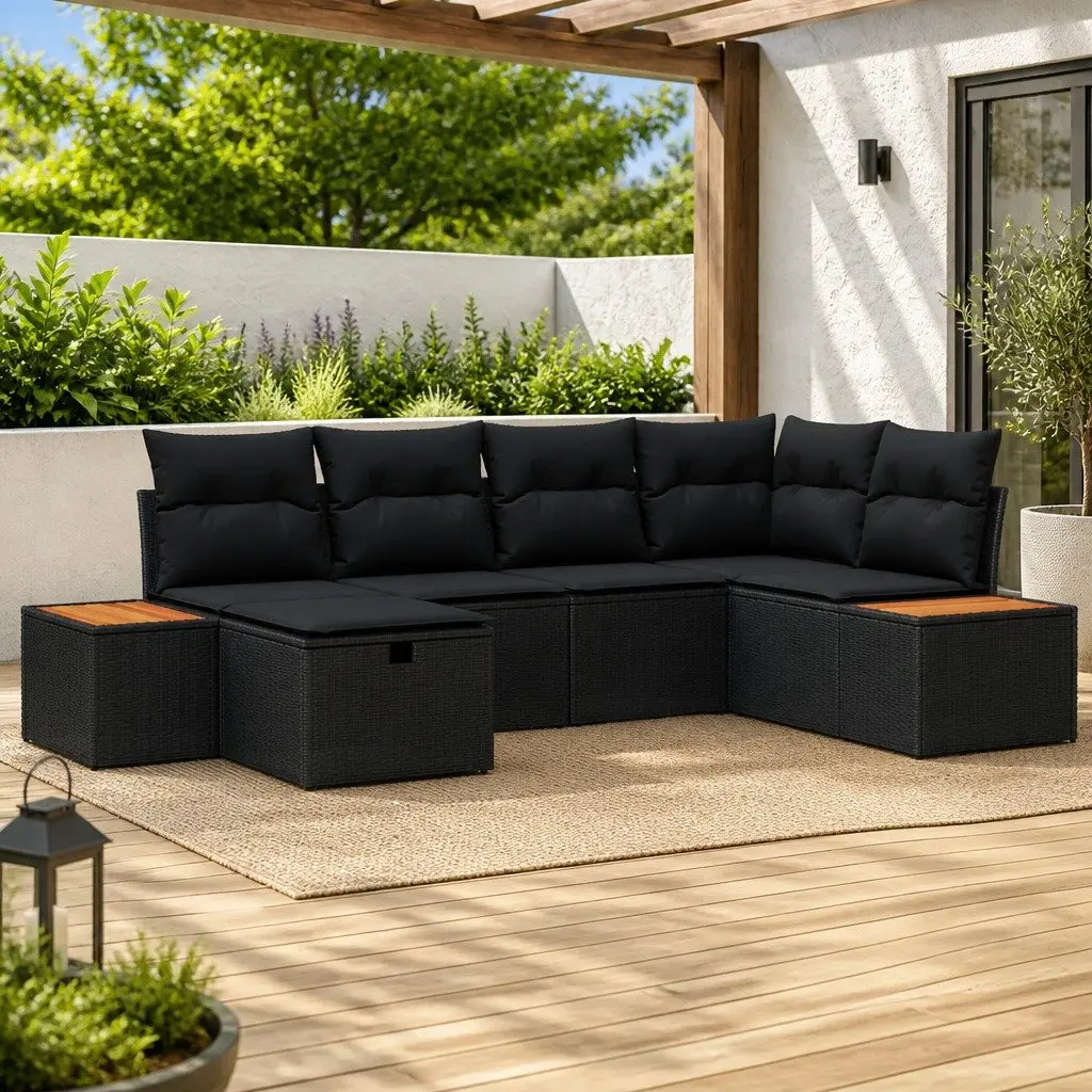 Modular 6-Piece Black Poly Rattan Garden Sofa Set