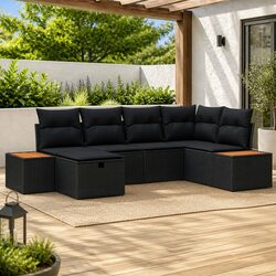 Modular 6-Piece Black Poly Rattan Garden Sofa Set