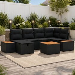 7-Piece Black Poly Rattan Outdoor Lounge Sofa Set