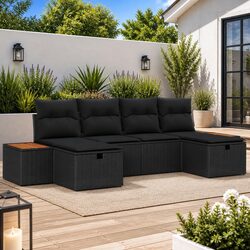 Stylish 6-Piece Black Poly Rattan Garden Sofa Set