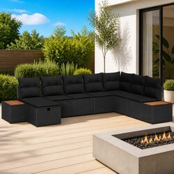 8-Piece Modular Black Poly Rattan Garden Sofa Set