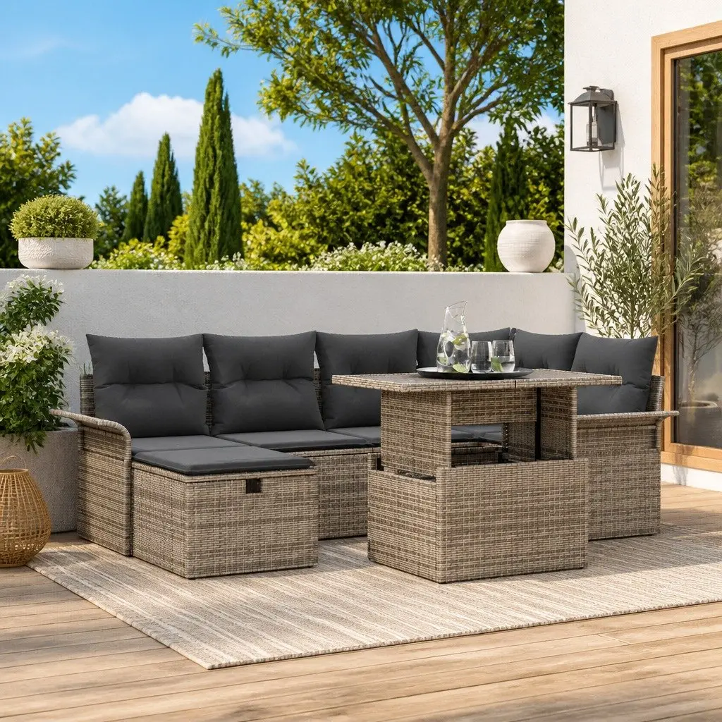 Garden Sofa Set Poly Rattan 7 Piece Outdoor Patio Furniture Grey with Cushions