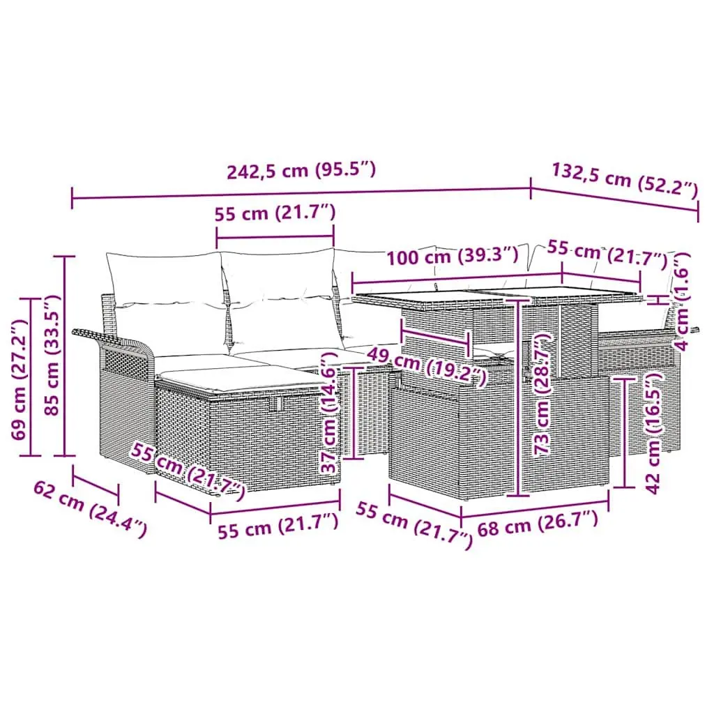 Garden Sofa Set Poly Rattan 7 Piece Outdoor Patio Furniture Grey with Cushions